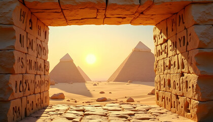 Pyramids Through Stone Archway at Sunset in the Desert