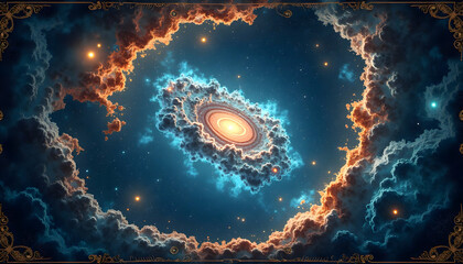 Cosmic Nebula and Starfield Surrounded by Clouds in Space