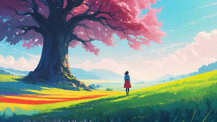 Generated colorful vibrant illustration of a minimalistic landscape with a tree in the middle of a field with silhouette of a girl standing.