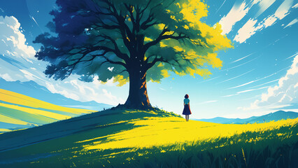 Generated colorful vibrant illustration of a minimalistic landscape with a tree in the middle of a field with silhouette of a girl standing.