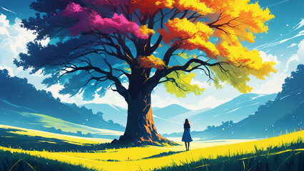 Generated colorful vibrant illustration of a minimalistic landscape with a tree in the middle of a field with silhouette of a girl standing.