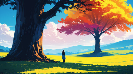 Generated colorful vibrant illustration of a minimalistic landscape with a tree in the middle of a field with silhouette of a girl standing.