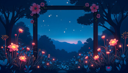 Viewing Night Sky Through Flower Adorned Window in Forest