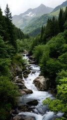 Obraz premium beautiful waterfall in mountains in the forest, relaxing landscape nature wallpaper 