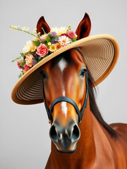 Head of noble chestnut horse in wide-brimmed hat decorated with lush composition of flowers against light gray background.