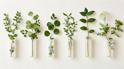 Arrangement of greenery in glass vases.