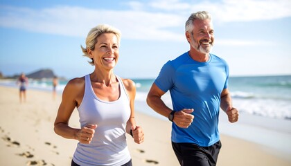 Smiling couple jogging on beach