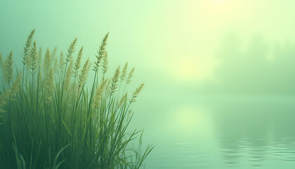 Grass Growing by a Calm Lake on a Misty Morning