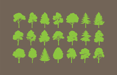 Collection of twenty diverse green tree silhouettes on a brown background