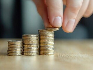 Hand placing coin on top of a growing stack of coins