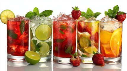 Refreshing Summer Fruit Cocktails Ice Cubes Mint Leaves Lime Strawberry Orange Delicious Drinks Beverage Glassware Cold Tasty Summertime Refreshing Beverages Alcohol Free Tropical 