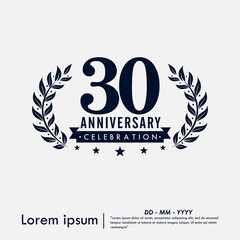 30th years anniversary celebration emblem. congratulations anniversary logo isolated with ribbon and laurel wreath on white background. vector illustration template design for web
