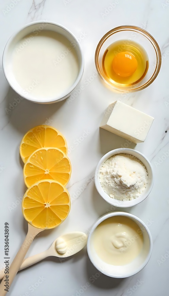 Poster generative ai image showcasing an overhead shot of assorted baking ingredients