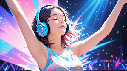Generated colorful vibrant illustration of a beautiful girl wearing a headphone listening to music in an abstract setting.
