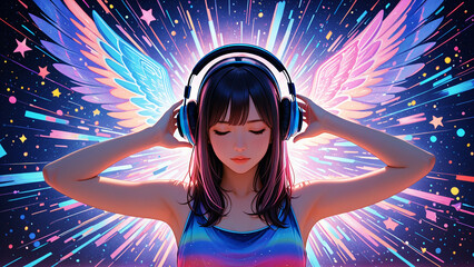 Generated colorful vibrant illustration of a beautiful girl wearing a headphone listening to music in an abstract setting.