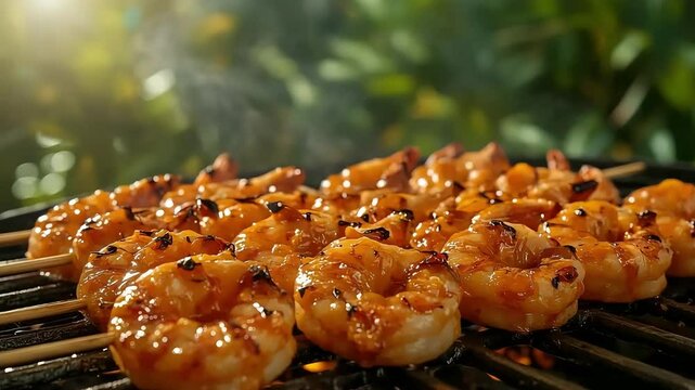 Macro shot of golden grilled shrimp skewers, glistening with marinade on the barbecue. Fresh, detailed 4K footage for food lovers.