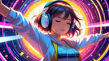 Generated colorful vibrant illustration of a beautiful girl wearing a headphone listening to music in an abstract setting.