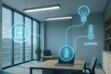 Modern office interior featuring climate control icons, creating a smart and efficient atmosphere.