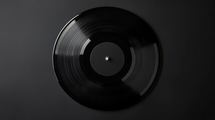 Glossy black vinyl record on matte background with central metal spindle visible