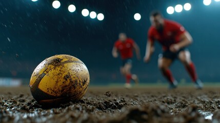 A close-up of a muddy rugby ball, with players in the background, during a match.