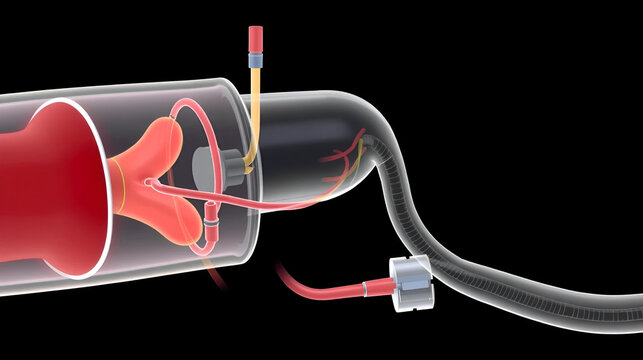 Medical illustration of a shunt system on black background
