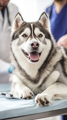 Obraz premium A happy and healthy Siberian Husky lays relaxed on a veterinarian's examination table, showcasing its playful personality and beautiful fur in a clinical setting.