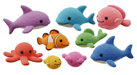 Fototapeta premium Colorful Plush Sea Animals Grouping on White Background
