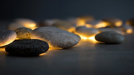 Serene Glowing Stones Peaceful Zen Relaxation Spa Tranquility Wellness Background Image Natural River Rocks Grey Smooth Stones Illuminated Dark Background Meditation Atmosphere    