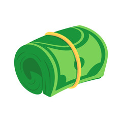 Rolled Stack of Green Dollar Bills with Rubber Band Isolated on White Background