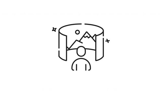Virtual tour icon animation. Virtual tour icon shows person exploring stunning virtual mountain landscape, perfect for travel websites, virtual reality platforms, and tourism blogs. Motion graphic