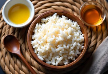 Generative AI image depicting glutinous rice in a wooden bowl with dipping sauces