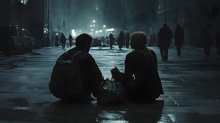Two people sit on a wet city street at night.