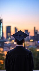 Graduation is a significant milestone, symbolizing achievement and new beginnings, as the graduate stands against a stunning sunset skyline in this inspiring moment of reflection.