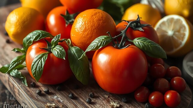 Fresh tomatoes oranges and lemons with basil leaves on a wooden surface