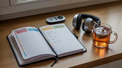 adhd, ADHD Planner Open with Tea, Headphones, and Timer on Wooden Desk for Focus