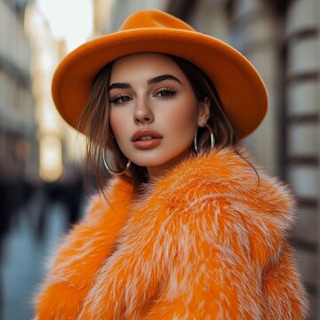 Captured in the bustling streets, a stylish woman showcases vibrant fashion with a striking orange fur coat and matching hat, exuding confidence and urban charm.