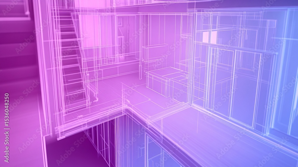 Poster abstract architectural blueprint of a house interior with visible structure design and staircase