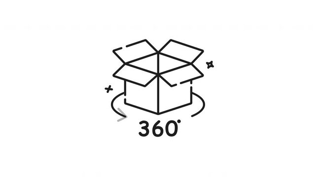 360 view icon animation. 360 view icon showing an open box with a 360 degree view for custom designs, ideal for product presentations and packaging mockups. Motion graphic
