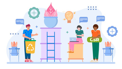 Team collaborating on corporate social responsibility projects; suitable for presentations, websites, social media, and corporate reports on sustainability efforts.