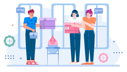 Three people efficiently pack boxes for a move. Suitable for moving services, packing supplies, relocation assistance, and teamwork themes.