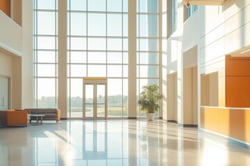 Modern Office Lobby Interior with High Glass Windows, Sunlight Reflections, Indoor Plant, and Seating Area.