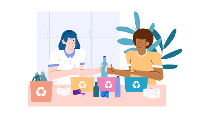 Two people sorting recyclables. Suitable for environmental awareness campaigns, recycling programs, sustainable living websites, and ecofriendly designs.