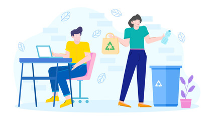 Two people sorting recyclables and waste. Suitable for environmental, recycling, sustainable living, waste management concepts in educational materials and presentations.
