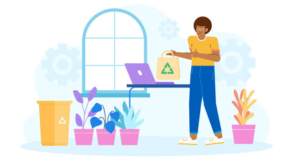 Person holding a reusable bag near a window, ecofriendly lifestyle concept, environmental activism, sustainable fashion, zero waste living, urban sustainability.