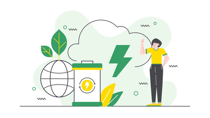 Person pointing to green lightning bolt, battery, and globe. Suitable for energy conservation, sustainable power sources, and global impact concepts.