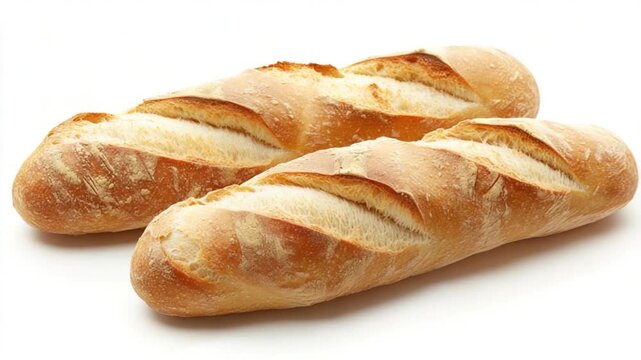 Freshly baked baguettes on a clean white surface, showcasing their crusty texture and golden color