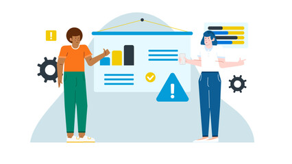 Two people discussing data from a presentation. Suitable for business presentations, team meetings, collaboration concepts, and data analysis graphics.