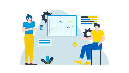 Two people discussing a graph on a whiteboard, suitable for business presentations, teamwork concepts, data analysis, brainstorming, and collaboration visuals.