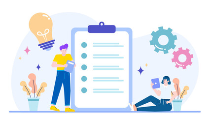 Two people focused on completing a checklist together. Suitable for teamwork, organization, task completion, productivity concepts in business settings.