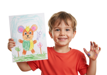 Creative kid showing colorful bear drawing artwork